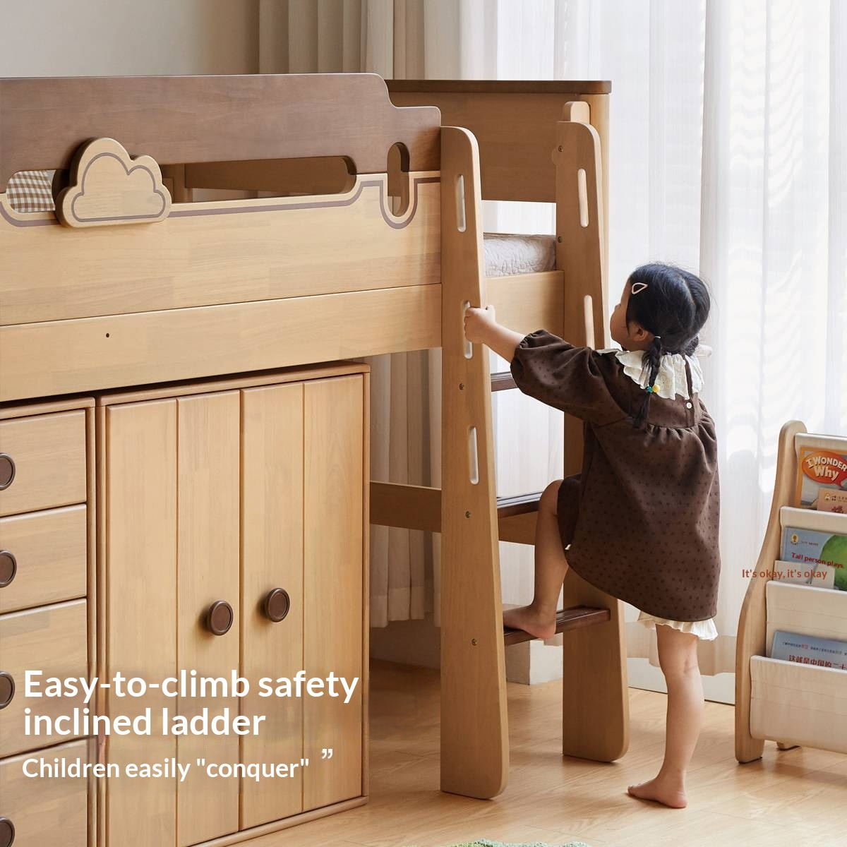 Rubberwood Solid Wood Children's Loft Bed with Under-Bed Cabinets