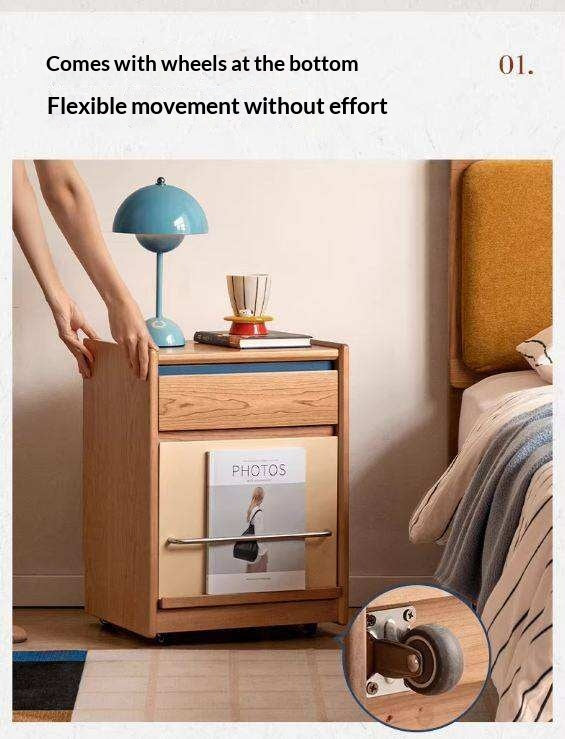 Cherry Solid Wood Nightstand with Storage Drawer and Magazine Holder with Wheels