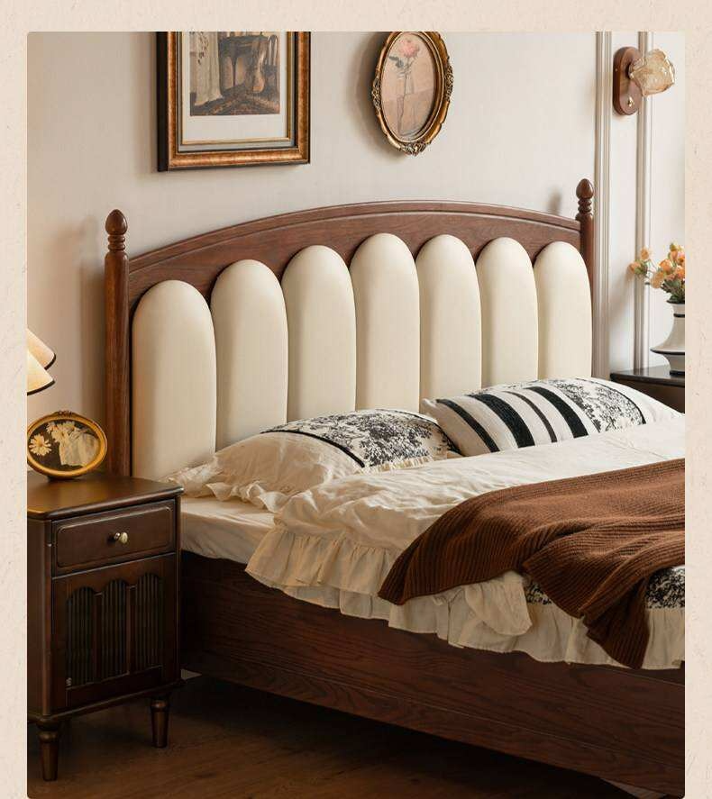 Oak Solid Wood Box Bed with Upholstered Vertical Channel Tufted Arched Headboard