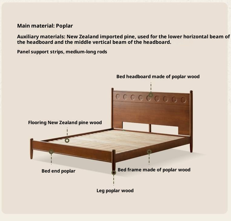 Poplar Solid Wood Bed, Bauhaus Vintage Style