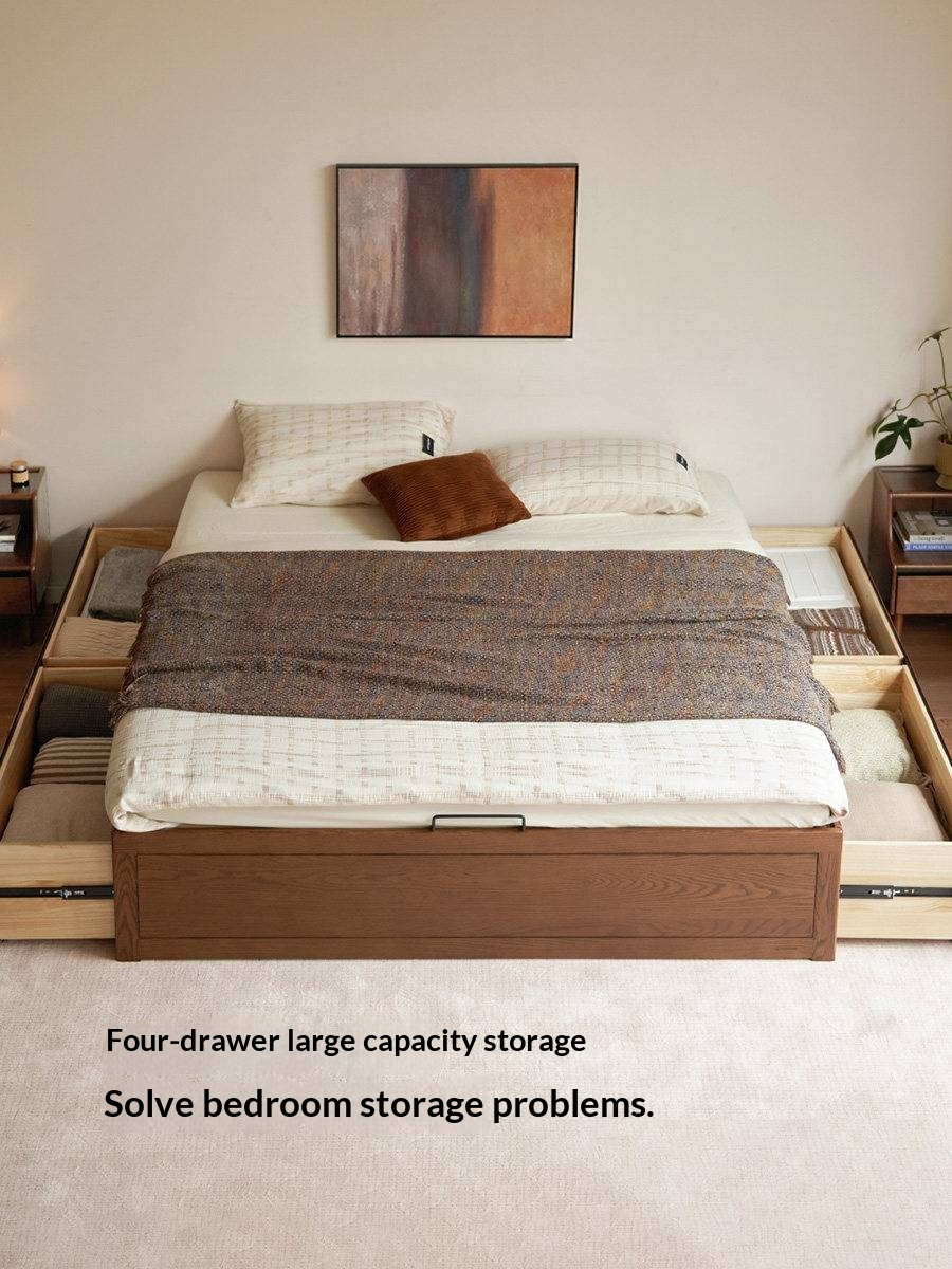Oak Solid Wood Storage Platform Bed with Drawers, Walnut Color
