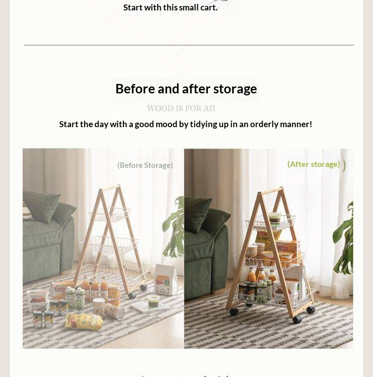 Beech Solid Wood Storage Rack with Multi-Layer and Mobile Trolley