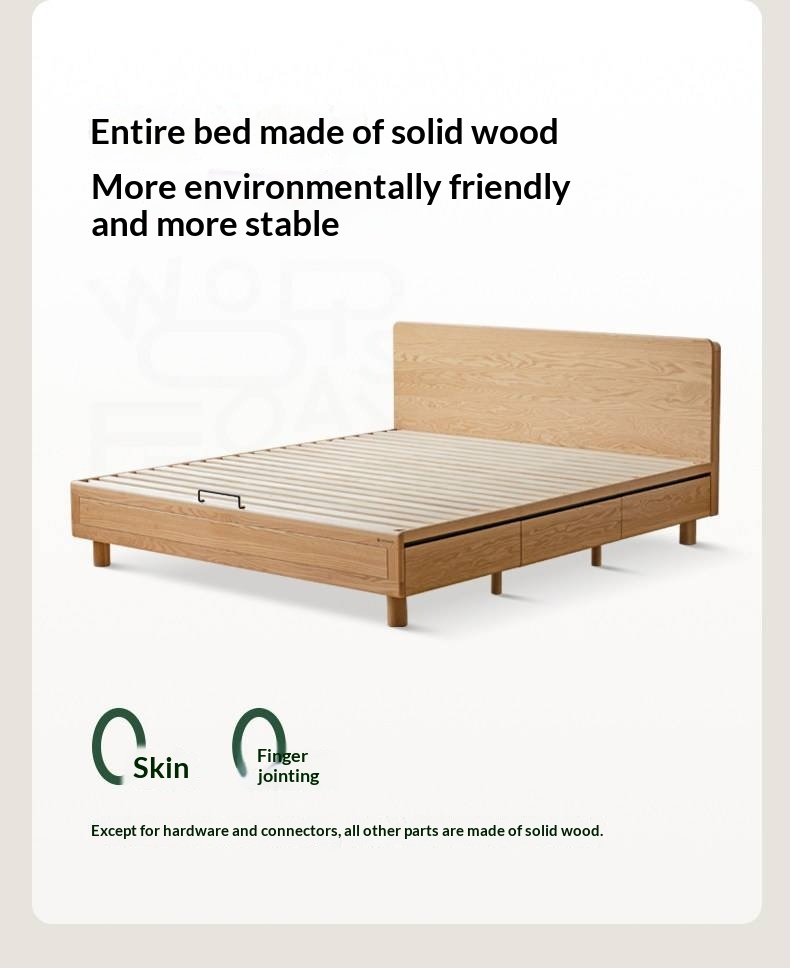 Oak Solid Wood Platform Storage Bed with Hidden Drawers and Bedside Shelf
