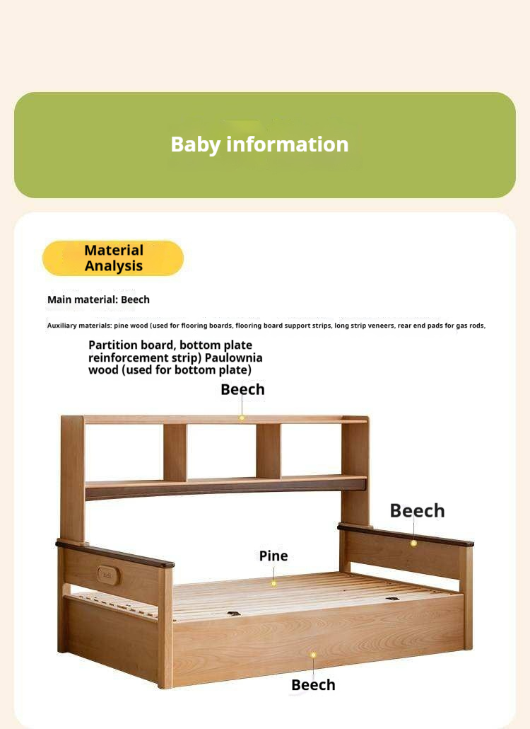 Beech Solid Wood Kids Storage Bed with Bookcase Headboard and Gas Lift Base