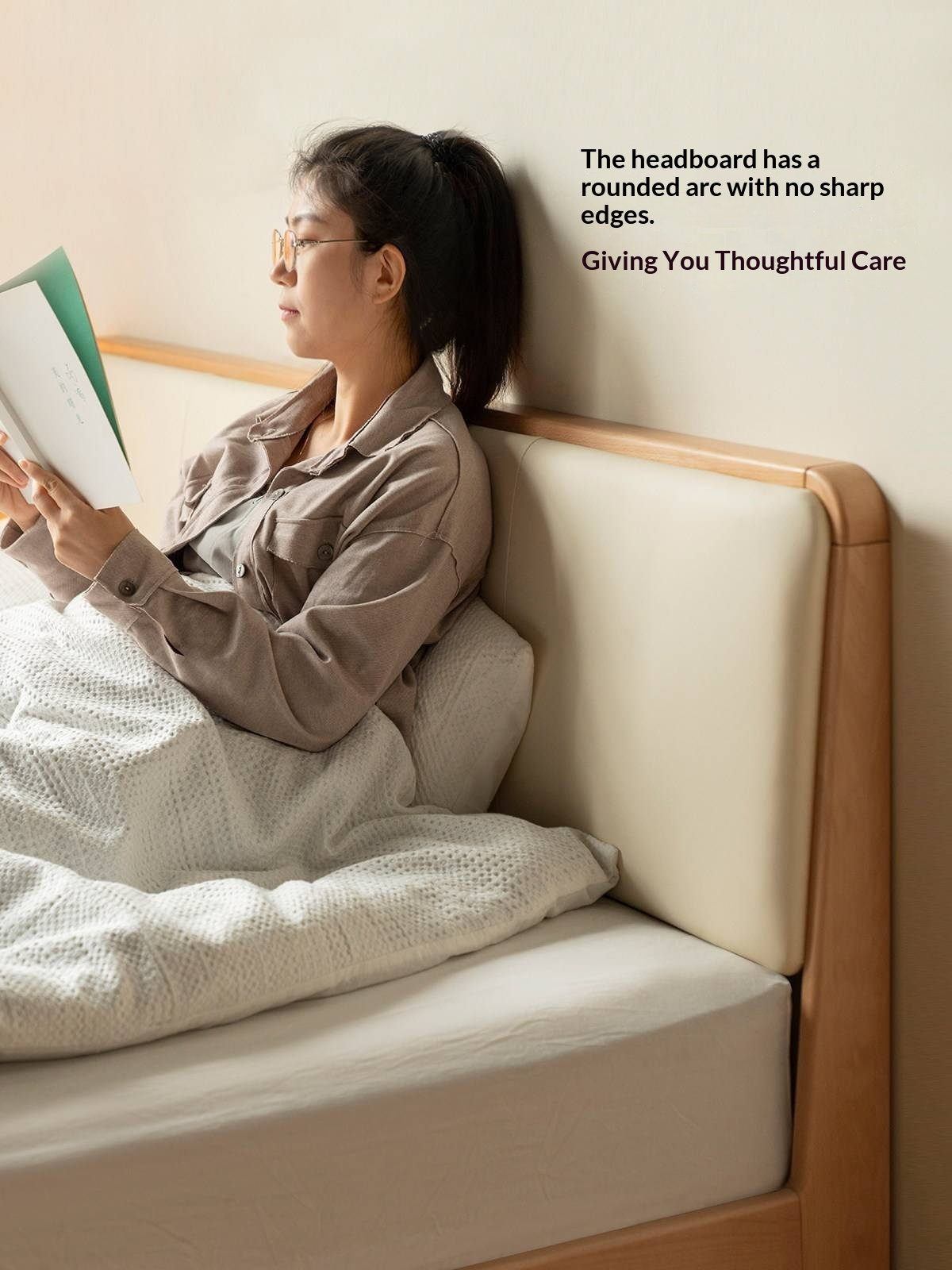 European Beech Solid Wood Bed — Soft Headboard, Simple Upholstered Light Luxury Bed