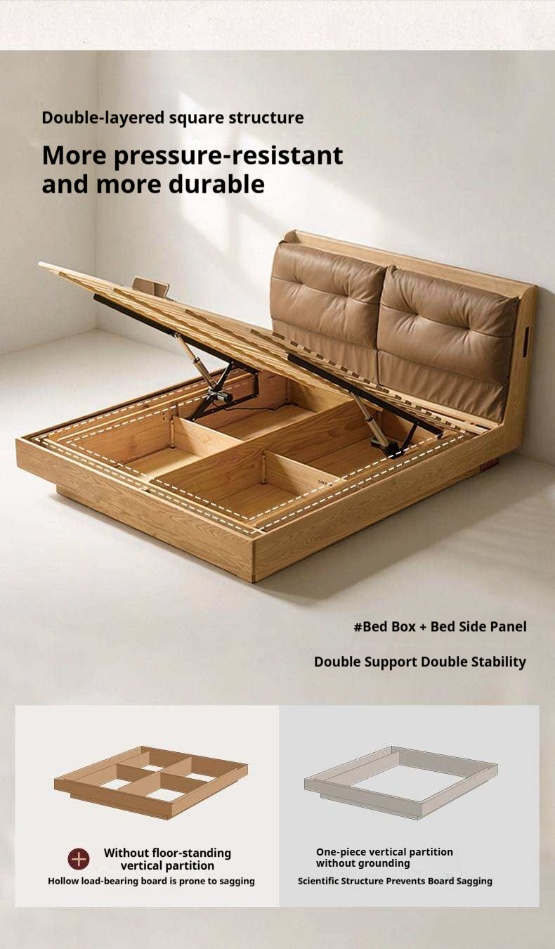 Ash Solid Wood Genuine Leather Upholstered Storage Bed with Electric Lift and LED Lighting