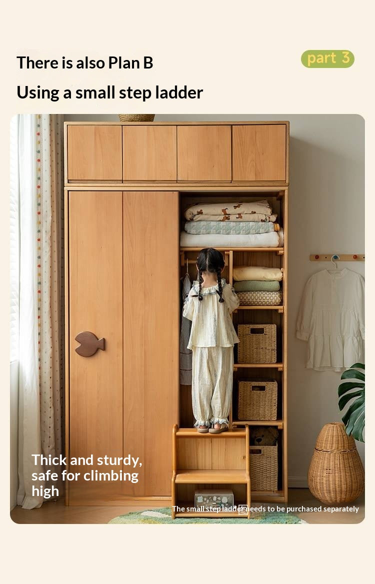 Beech Solid Wood Kids Sliding Door Wardrobe with Adjustable Shelves