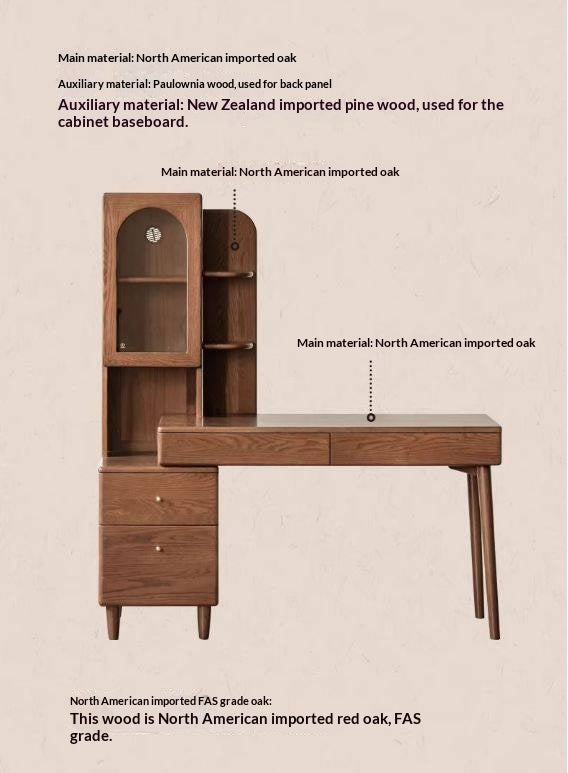 Oak Solid Wood Telescopic Desk with Integrated Bookshelf