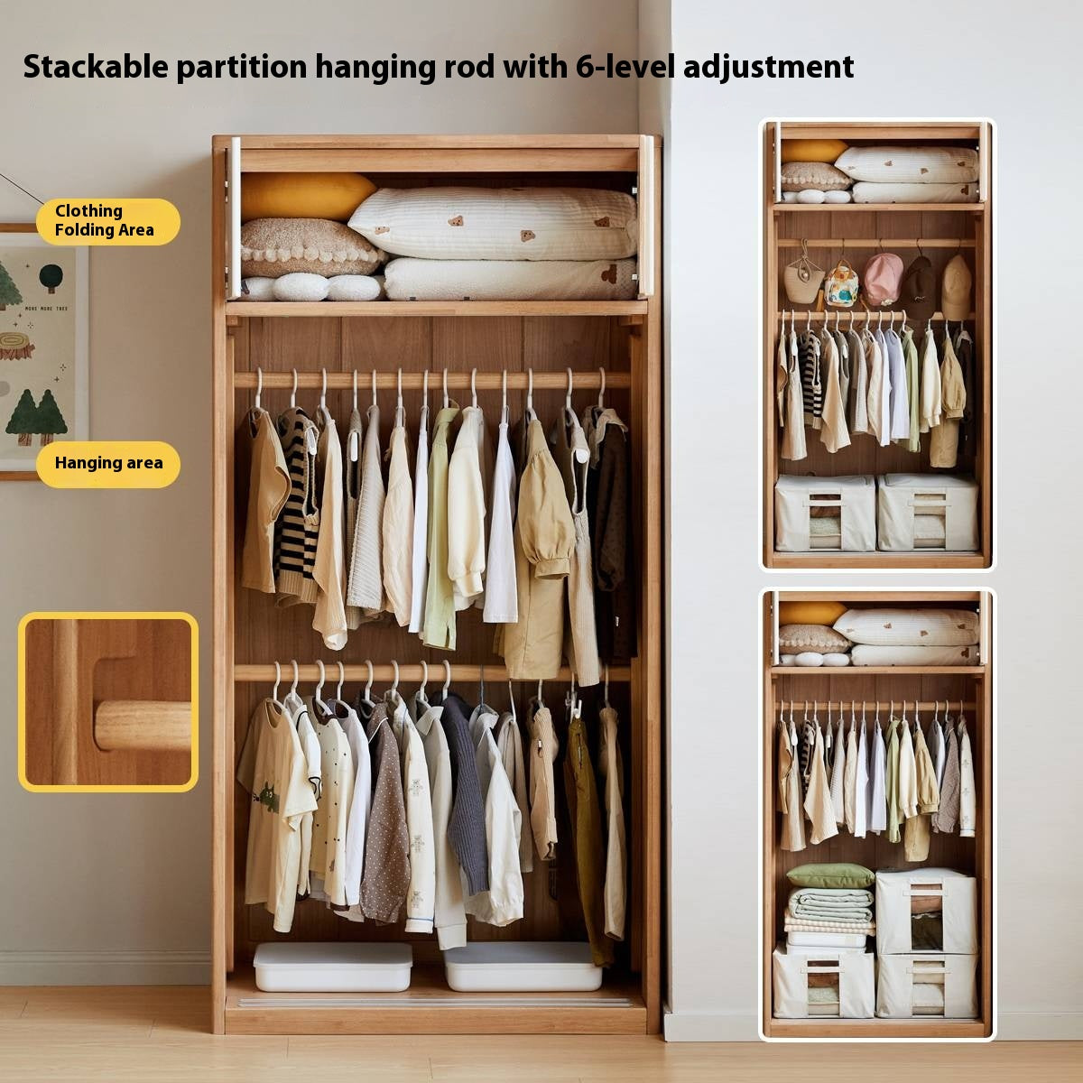 Solid Rubberwood Modern Children's Sliding Door Wardrobe