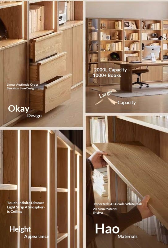 White Oak Solid Wood Bookcase and Display Cabinet with Glass Doors and Built-In Lights