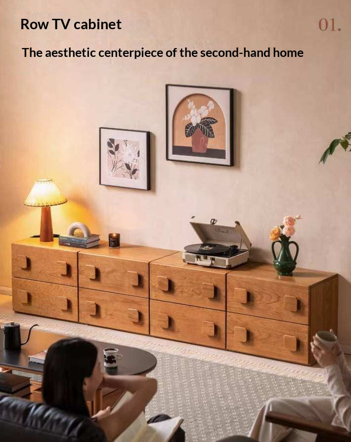 Cherry Solid Wood TV Stand with Multi-Functional Storage Modules