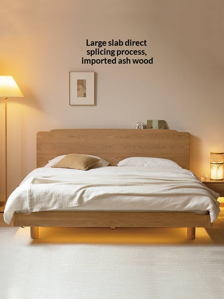 Ash Solid Wood Floating Bed — Large Slab, Simple Modern Design