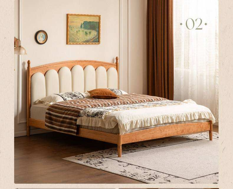 Cherry Solid Wood Genuine Leather, Velvet French-Inspired Scalloped Headboard Bed
