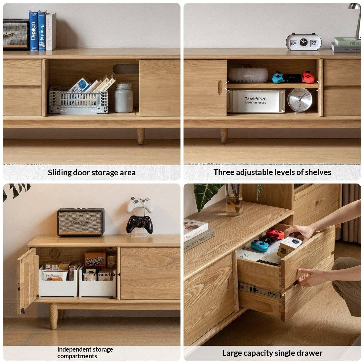 White Ash, Ash Solid Wood TV Stand with Sliding Doors and Sleek Finish