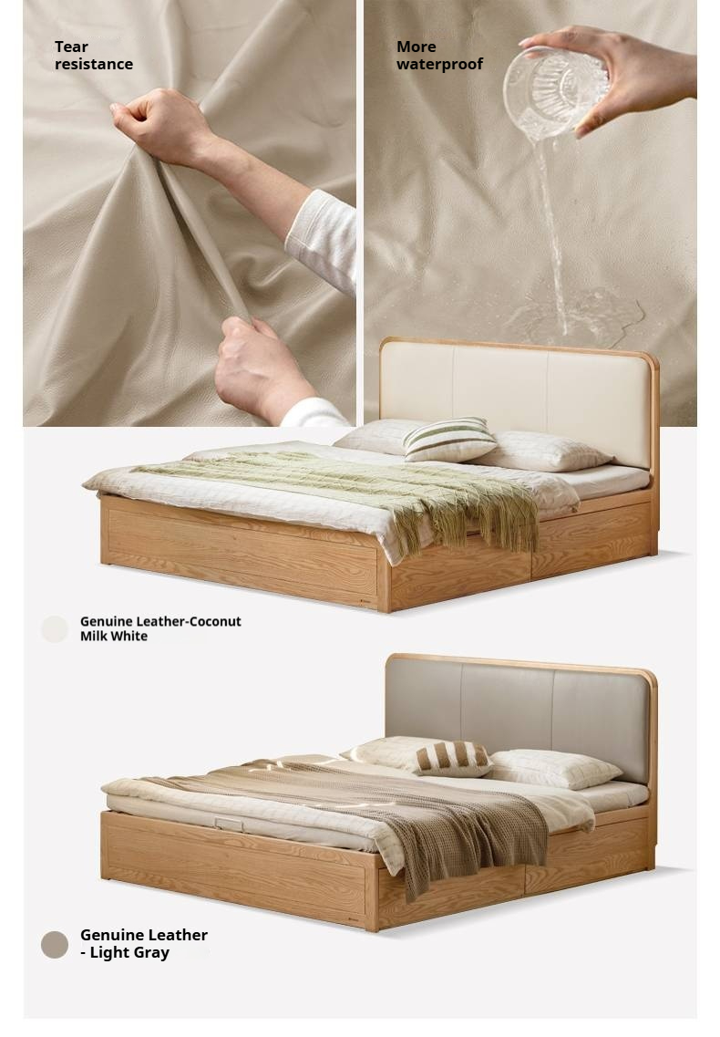 Oak Solid Wood Genuine Leather,  Eco-leather Box Bed