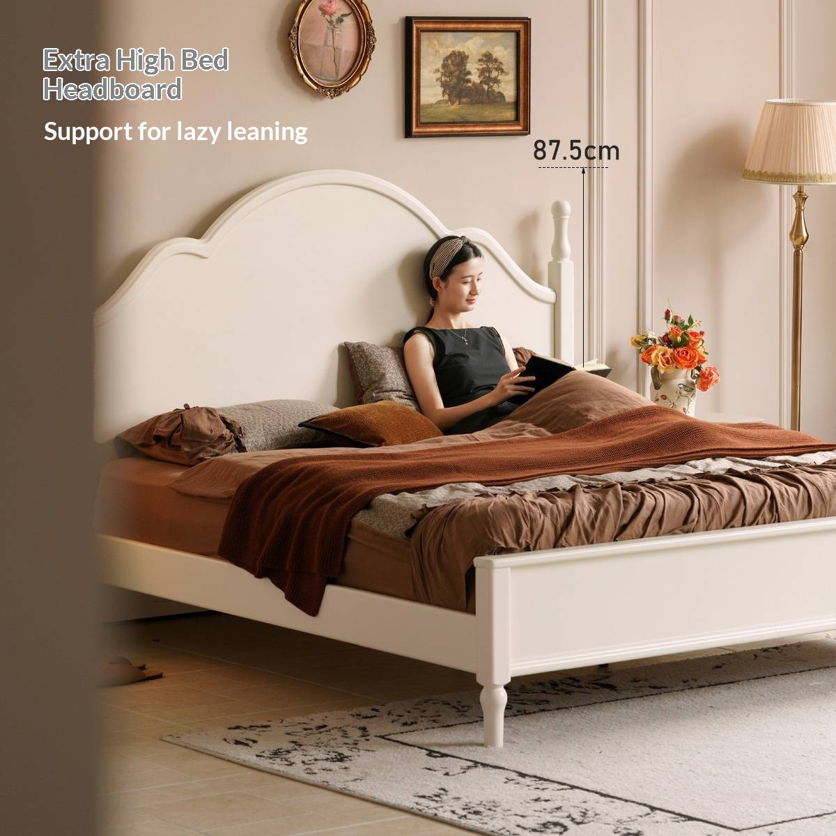 Rubberwood Solid Wood Bed American Retro Cream Style