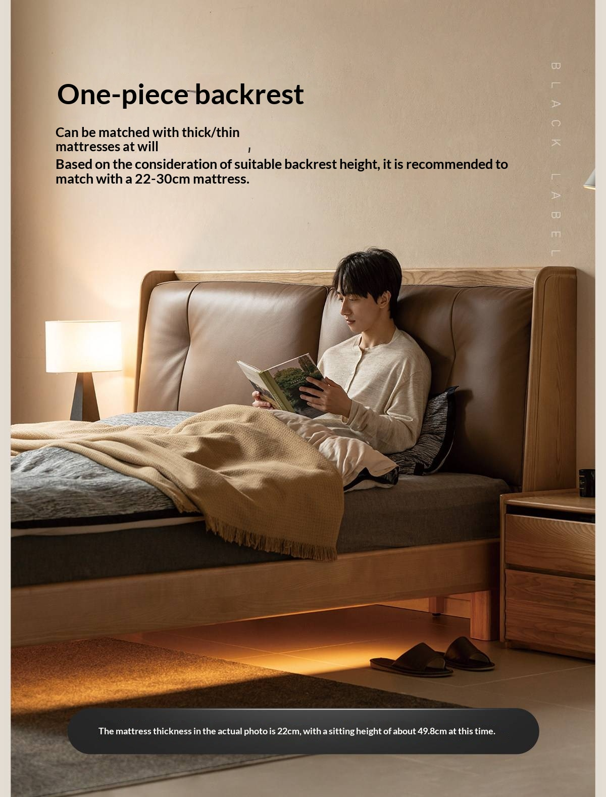 Ash Solid Wood Upholstered Floating Platform Bed with LED Lights