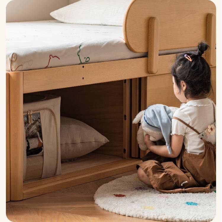 Beech, Rubberwood Solid Wood Kids’ Bed with Guardrail, Platform Bed, Headboard-Free Bed
