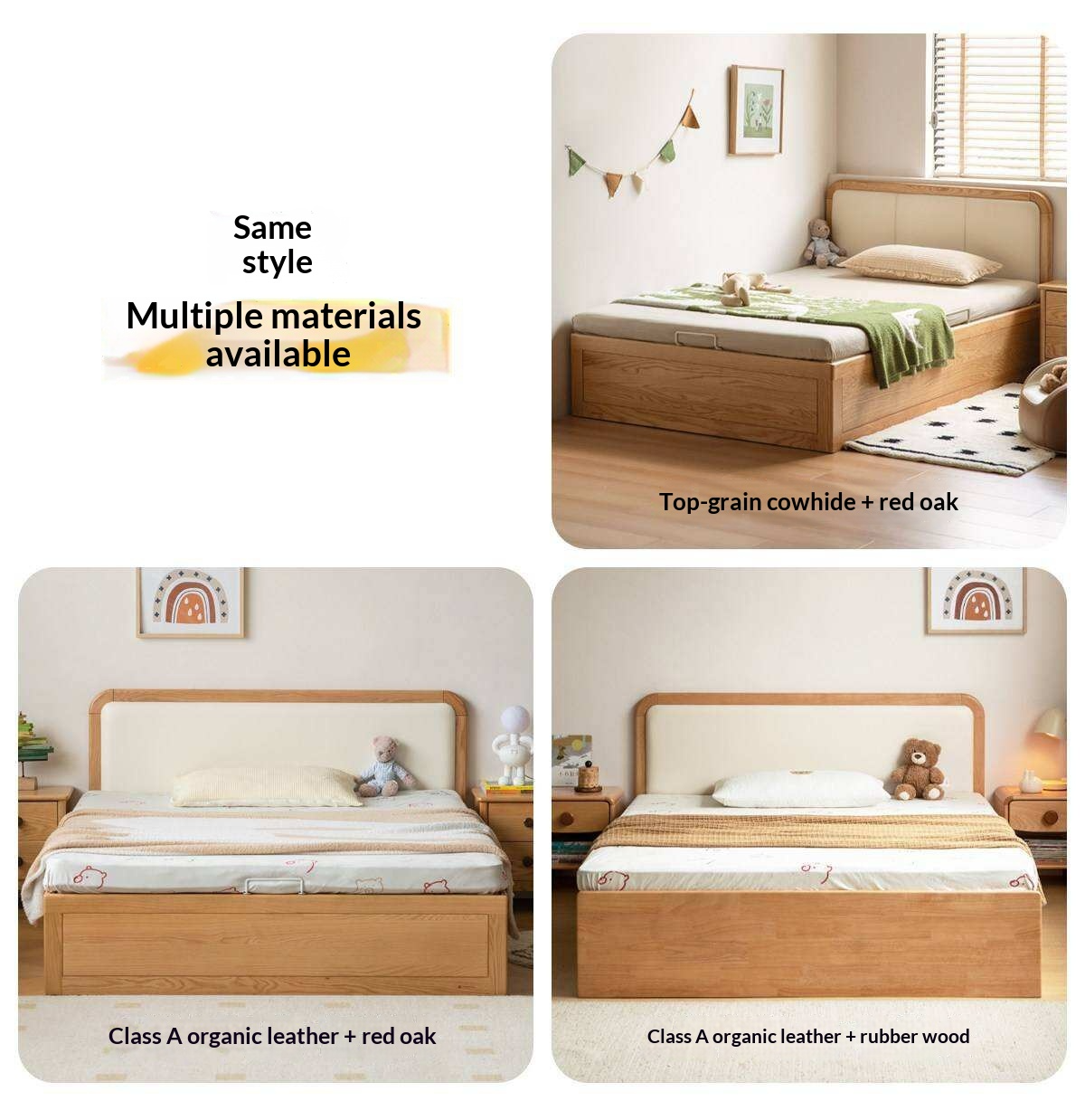 Oak, Rubberwood Solid Wood Upholstered Kids Storage Bed with Gas Lift and Rounded Headboard