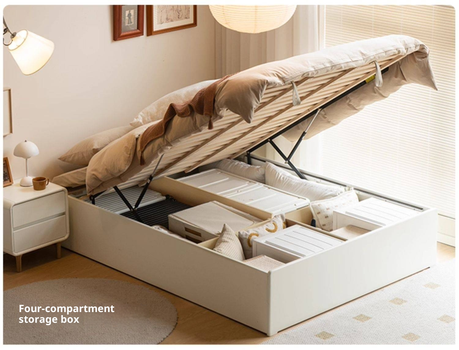 Rubberwood Solid Wood Platform Bed, Headboard-Free Box Bed Cream Style