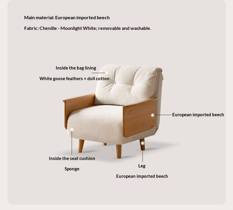 Beech Solid Wood Convertible Wood Frame Accent Chair with Pull-Out Chaise