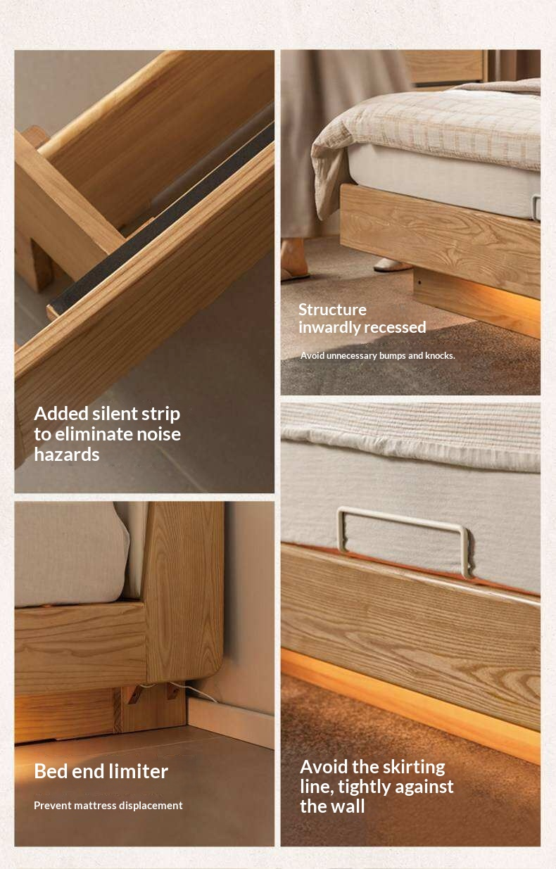 Ash Solid Wood Genuine Leather Upholstered Storage Bed with Electric Lift and LED Lighting