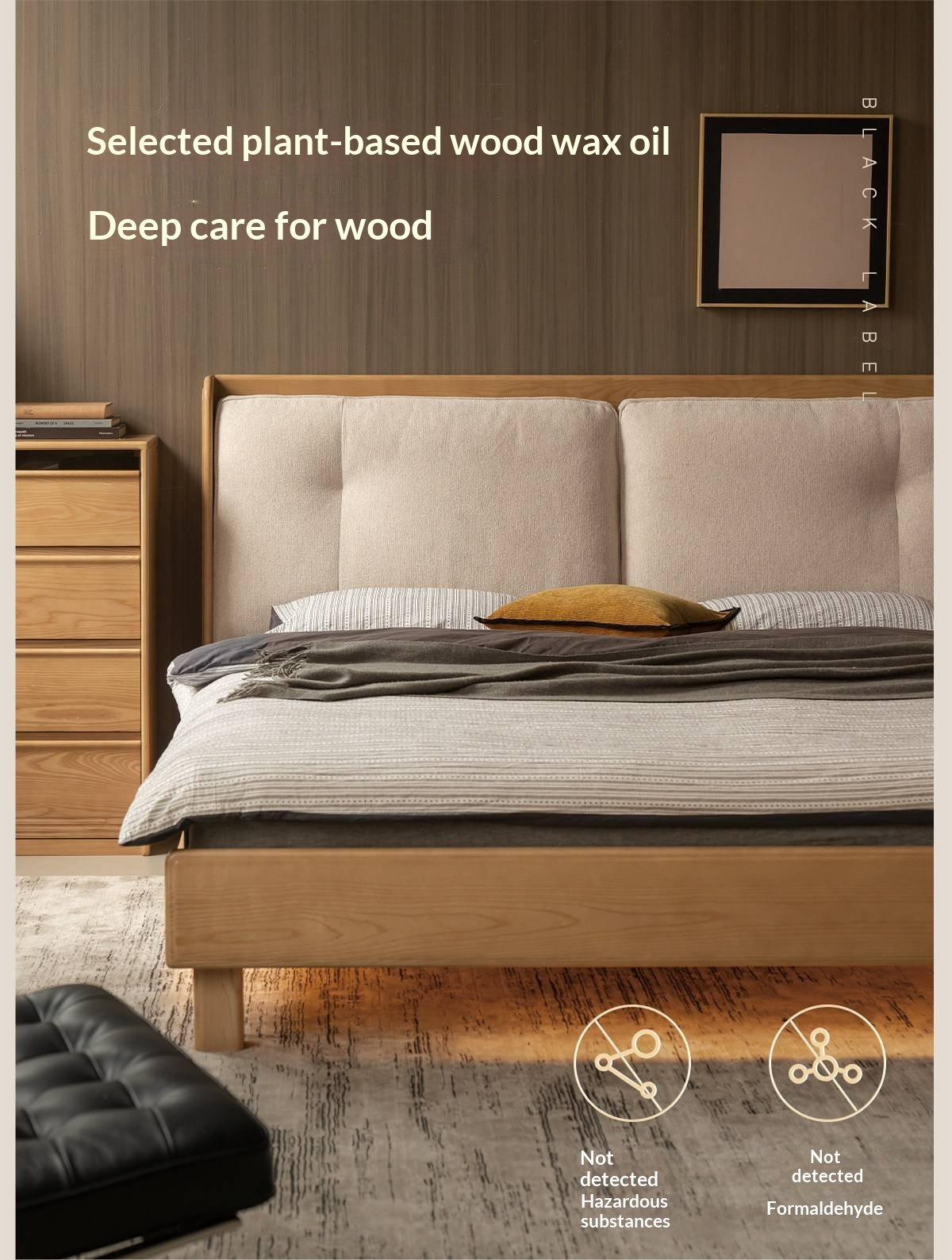 Ash Solid Wood Upholstered Floating Platform Bed with LED Lights