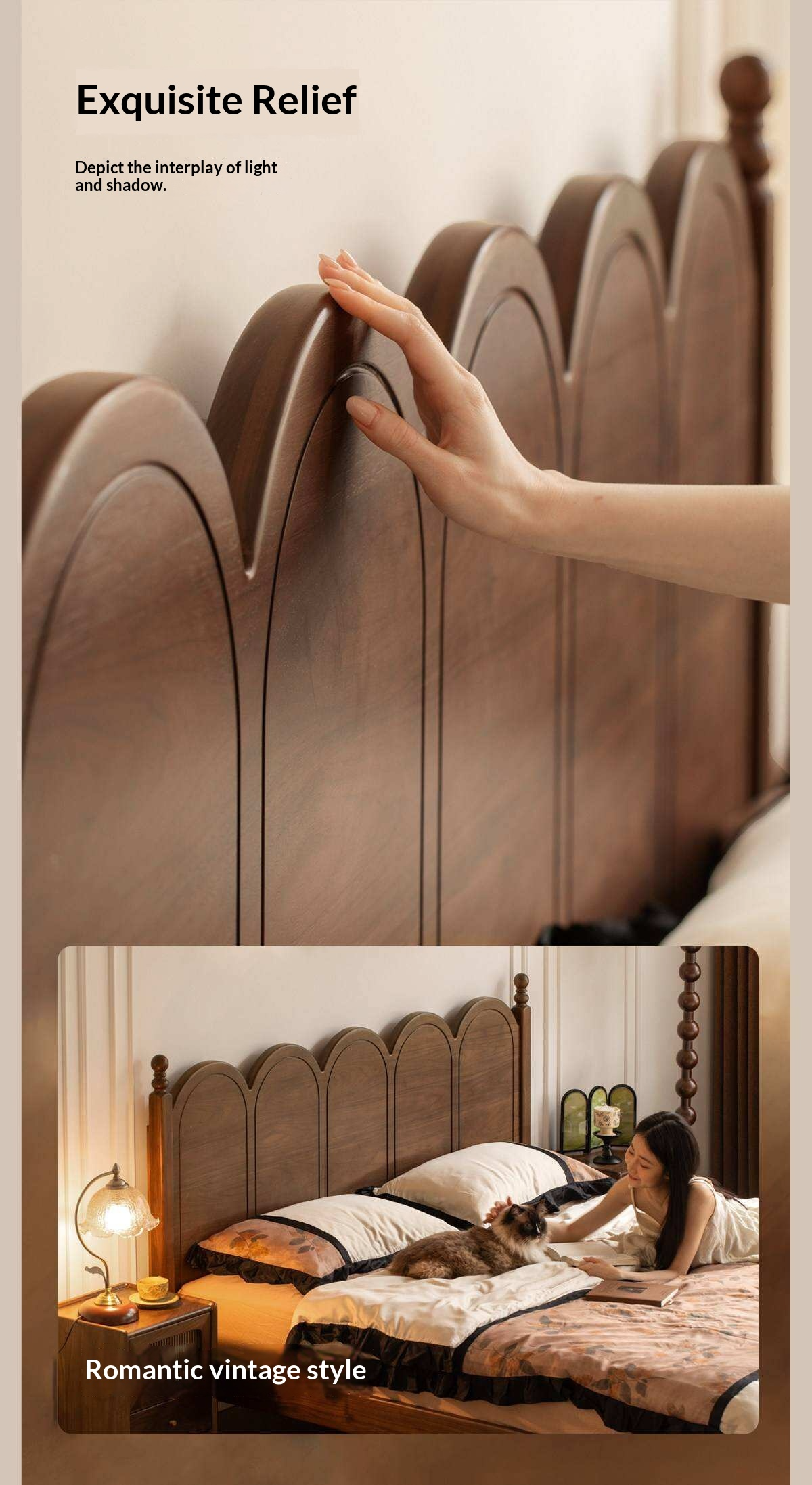 Black Walnut Solid Wood French Country Arched Platform Bed with Turned Posts