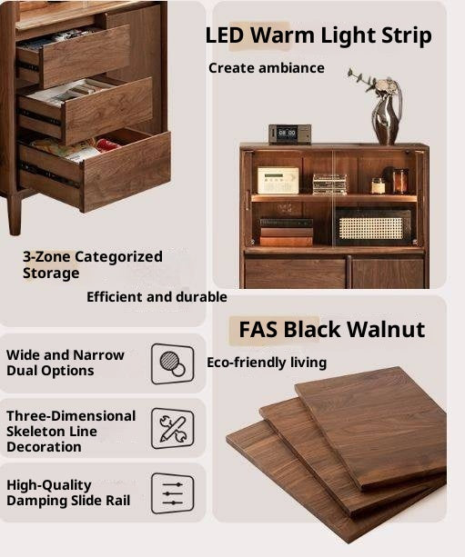 Black Walnut Solid Wood Italian Light Luxury Side Cabinet.