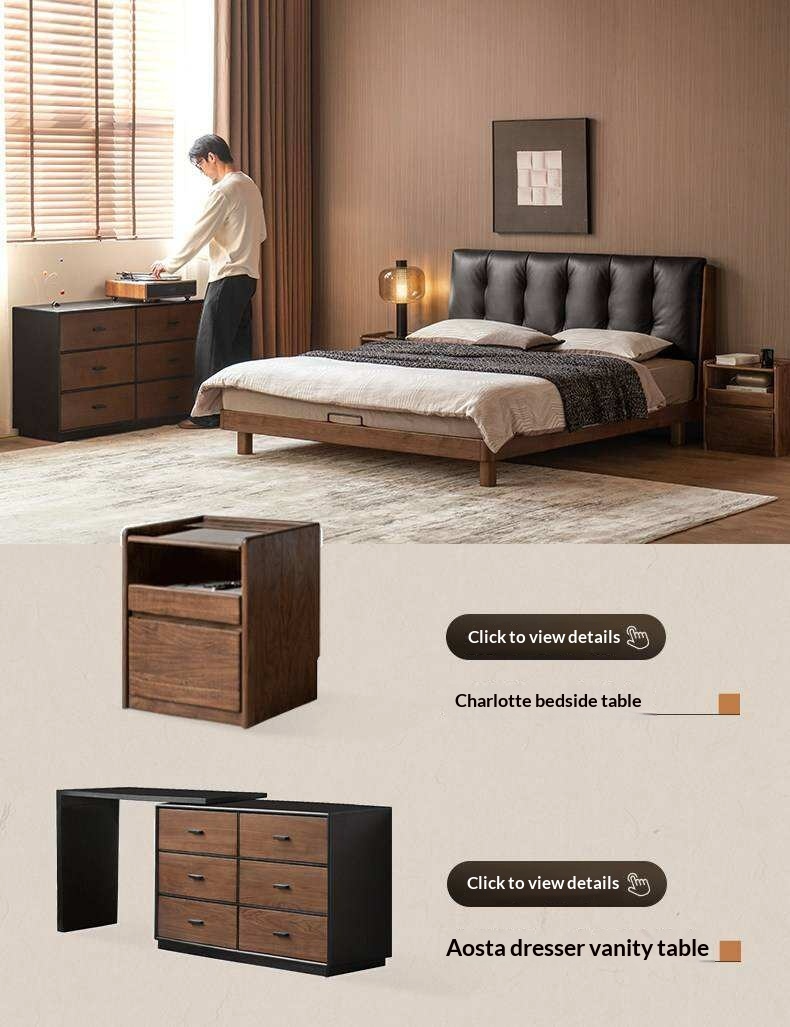 Black Walnut, Rubberwood Solid Wood Leather Upholstered Platform Bed with Vertical Channel Tufted Headboard