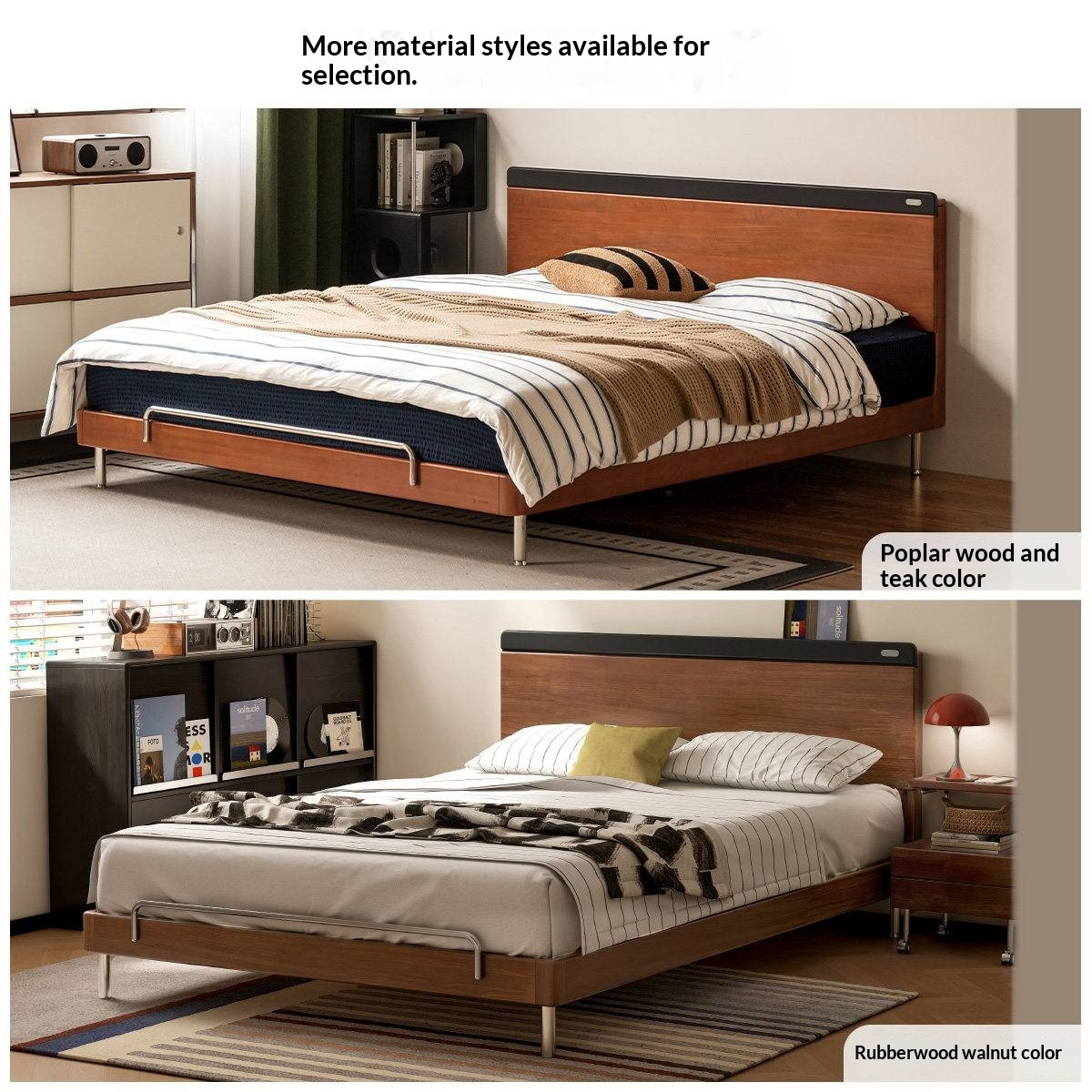 Rubberwood Solid Wood Bauhaus Platform Bed with Adjustable Headboard and Stainless Steel Legs