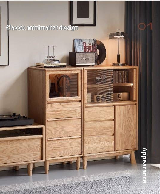 Ash Solid Wood Modern Minimalist Side Cabinet with Light.