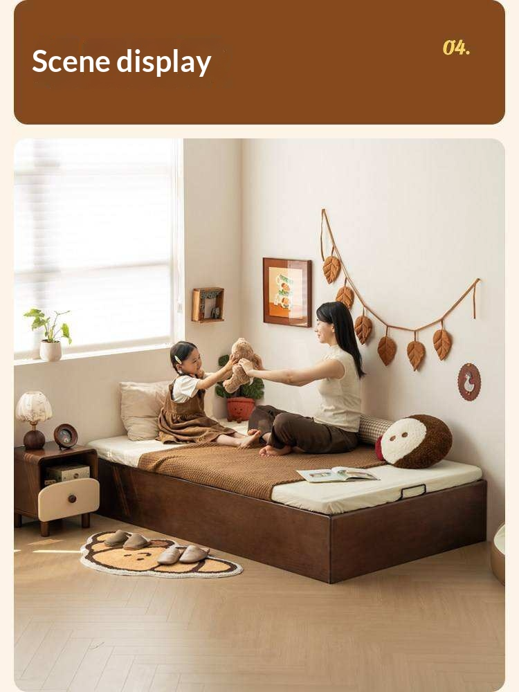 Rubberwood Solid Wood Storage Bed with No Headboard and Side-Opening Lid