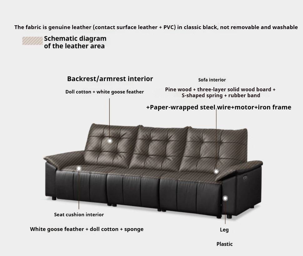 Pine Solid Wood Big Black Functional Leather Sofa
