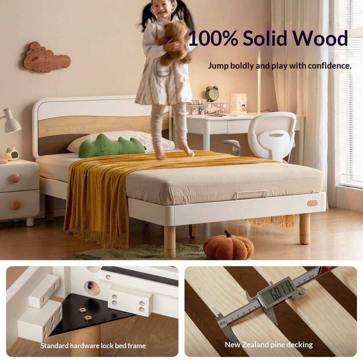 Rubberwood Solid Wood Kids Montessori Platform Bed with Adjustable Headboard, Warm White