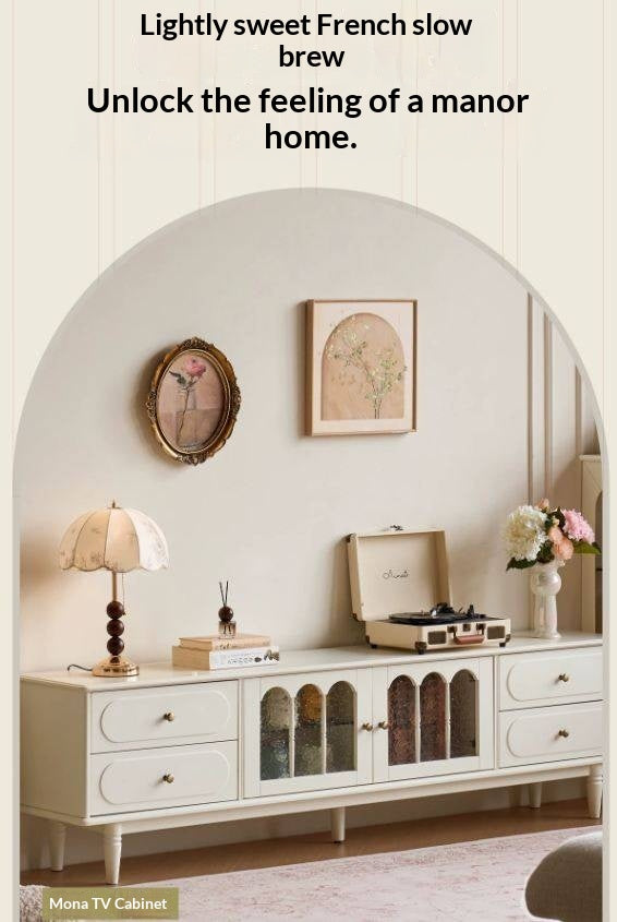 Solid RubberWood French Country TV Console with Arched Glass Doors