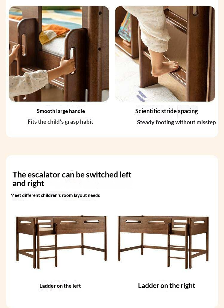 Rubberwood Solid Wood Mid-Height Kids Loft Bed with Staircase and Bookshelf Storage