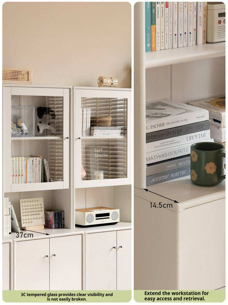 Solid RubberWood Bookcase Cream White Free Combination Glass Door Display Cabinet