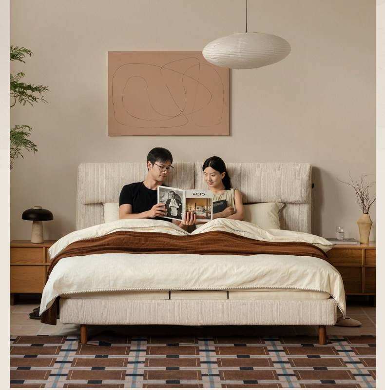 Fabric Beige Soft Bed Modern Style