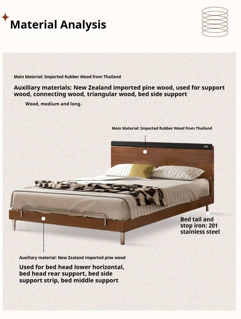Rubberwood Solid Wood Platform Bed with Metal Legs and Two-Tone Headboard