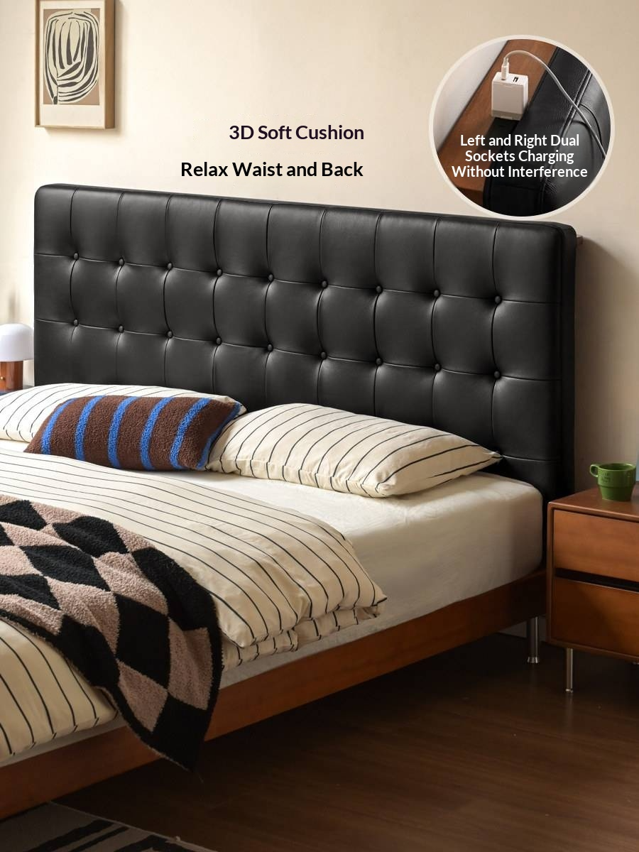 Tulipwood Solid Wood Bed — Bauhaus Style with Soft Genuine Leather Headboard