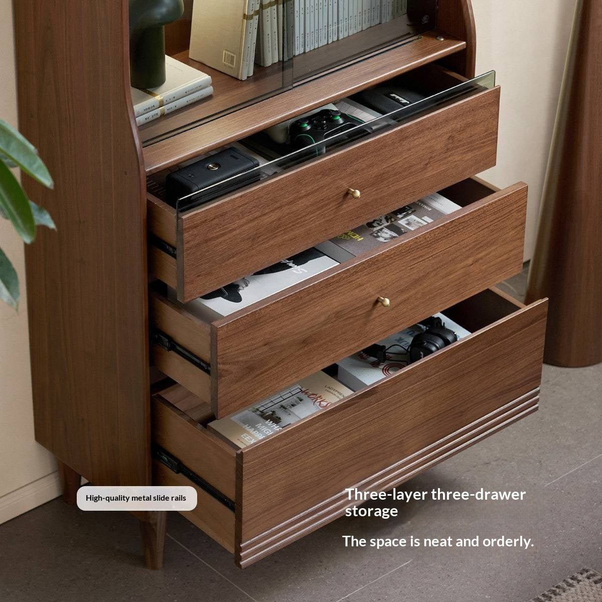 Black Walnut Solid Wood Bookcase with Interior Lighting
