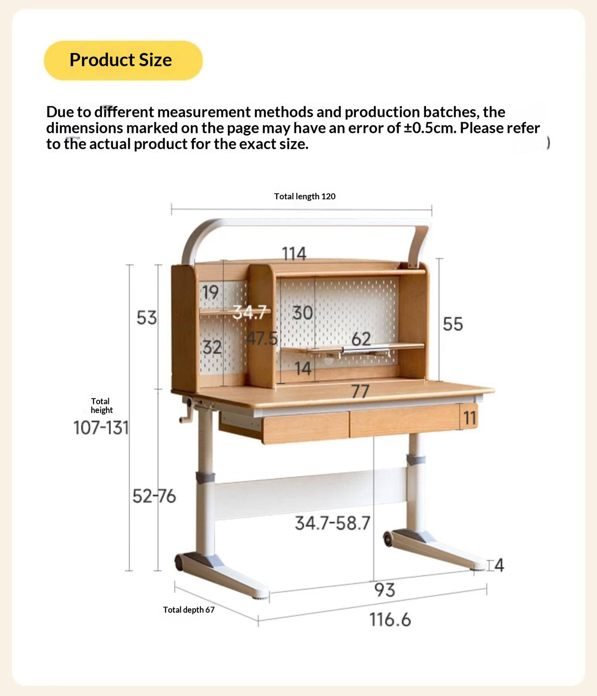 Beech Solid Wood Kids Raised and Lowered Study Table