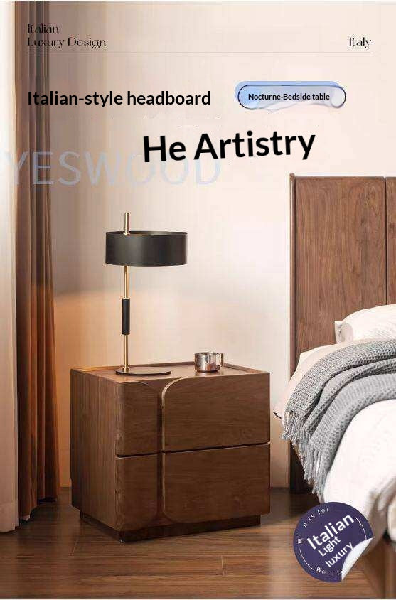 Black Walnut Solid Wood Nightstand with Light Luxury Storage Cabinet