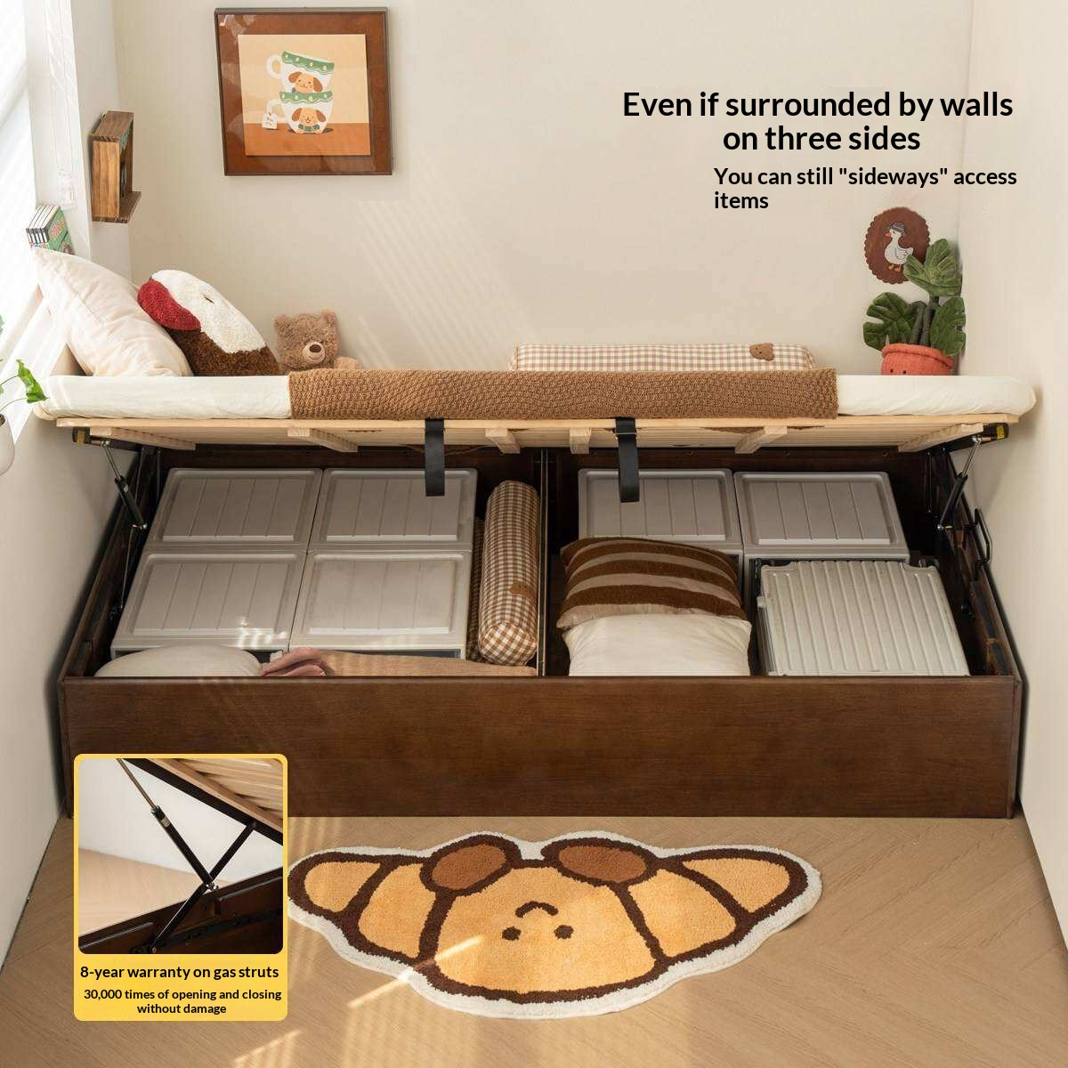 Rubberwood Solid Wood Storage Bed with No Headboard and Side-Opening Lid