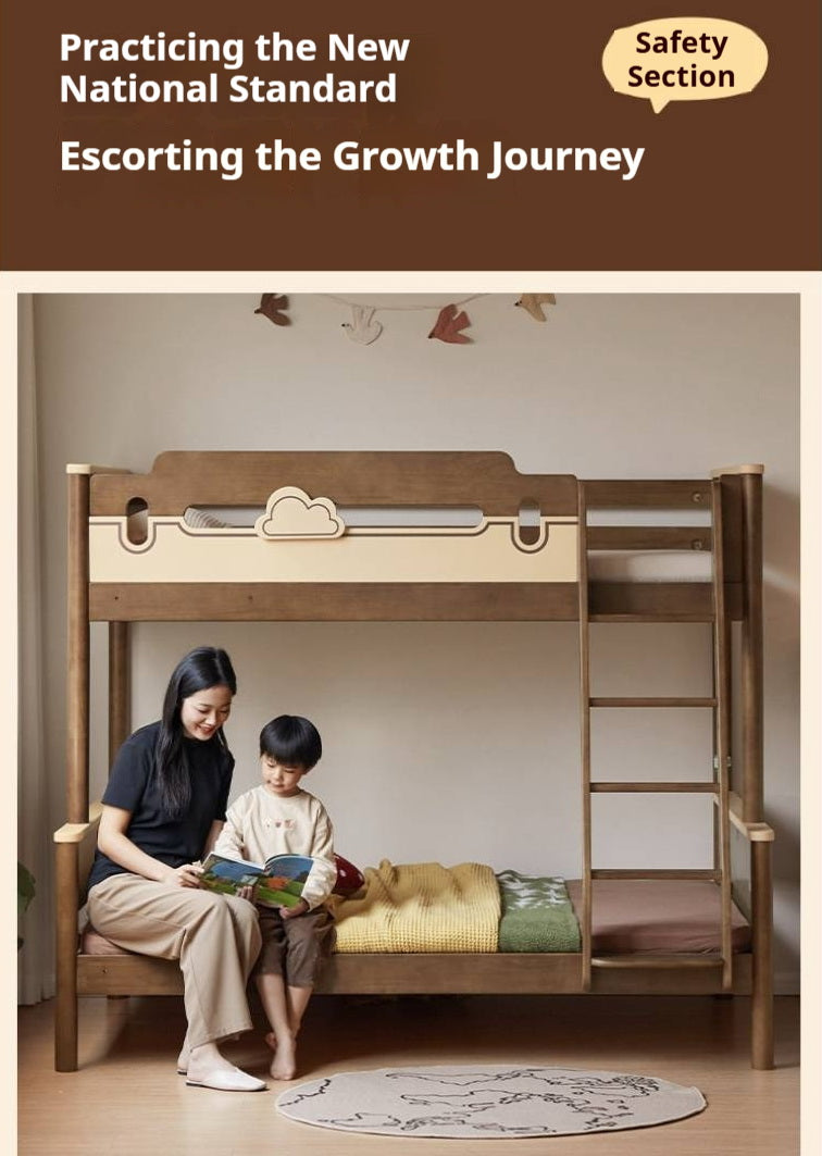Rubberwood Solid Wood Castle-Inspired Bunk Bed with Cloud Cutout Guardrail