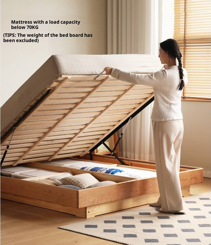 Cherry Solid Wood Floating Platform Box Bed, Headboard-Free Bed