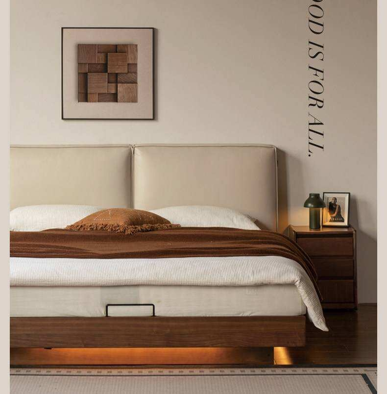Black Walnut Solid Wood Box Bed — Italian Light Luxury, Genuine Leather Upholstered Headboard