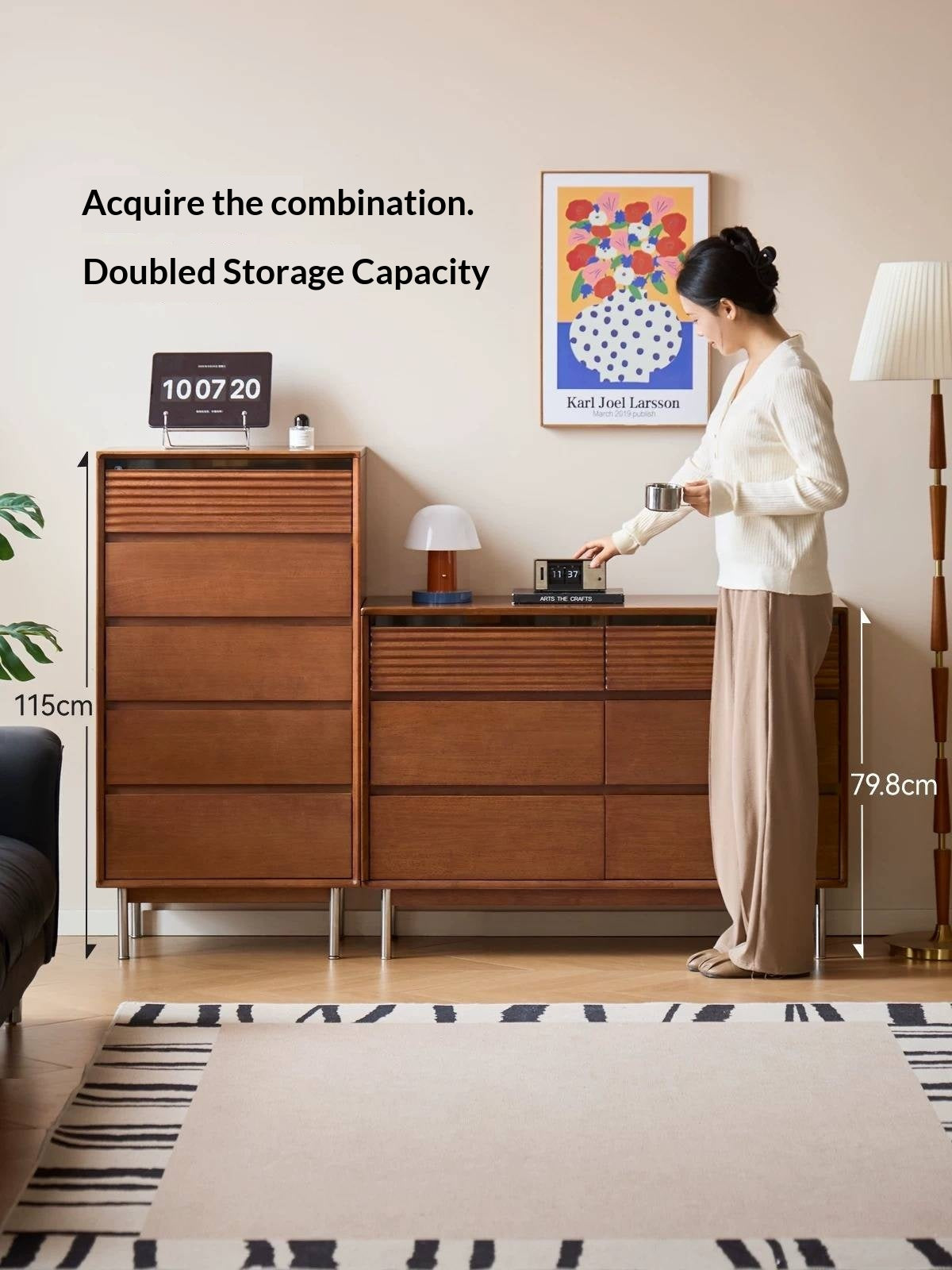 Rubberwood Solid 6-Drawer Dresser, Mid Century Bedroom Storage Cabinet