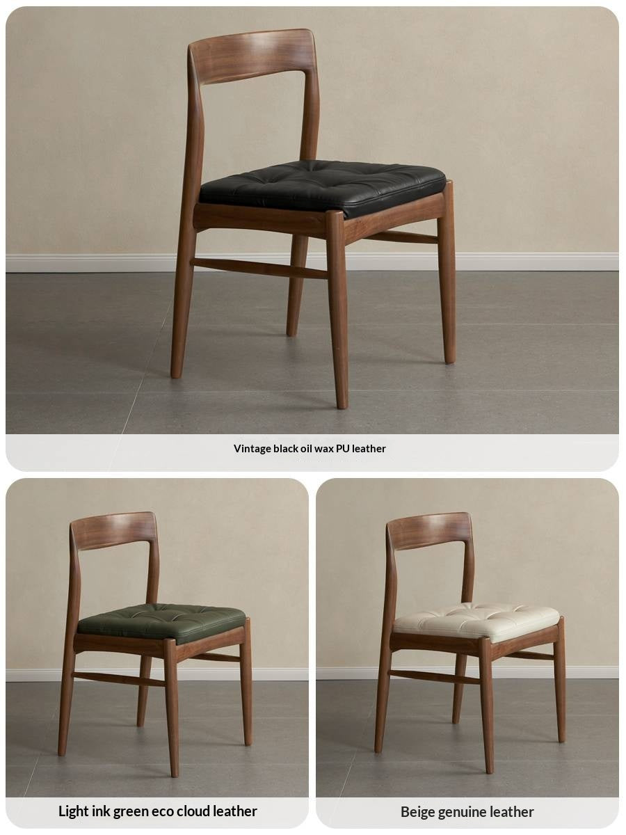 Set 4 pcs Black Walnut Solid Wood Dining Chair with Leather Seat, Mid Century Modern